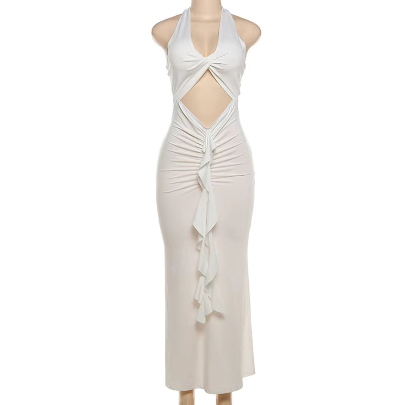 Sleeveless Halter Neck Pleated Backless Dress