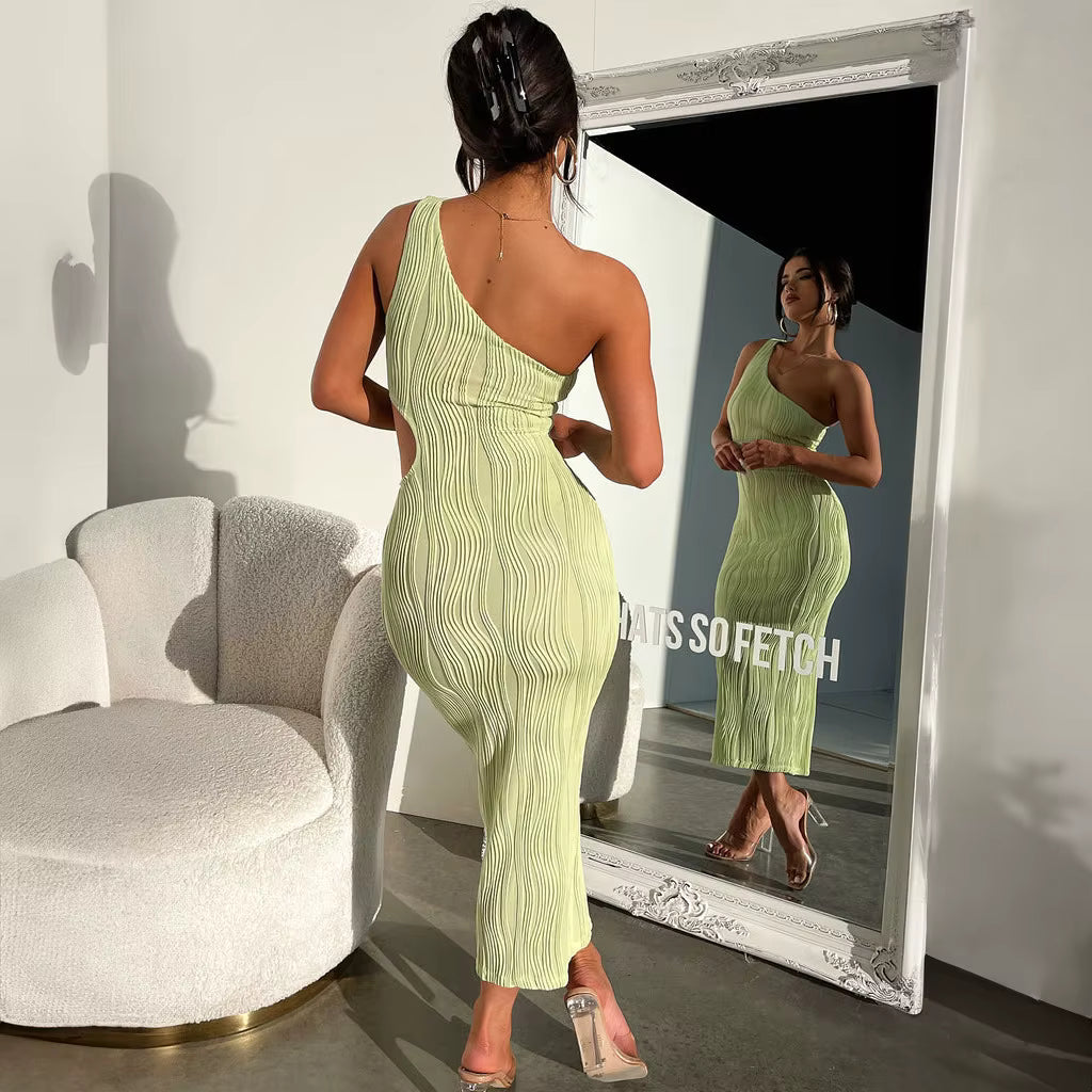 One Shoulder Slant Collar Hollow-Out Dress