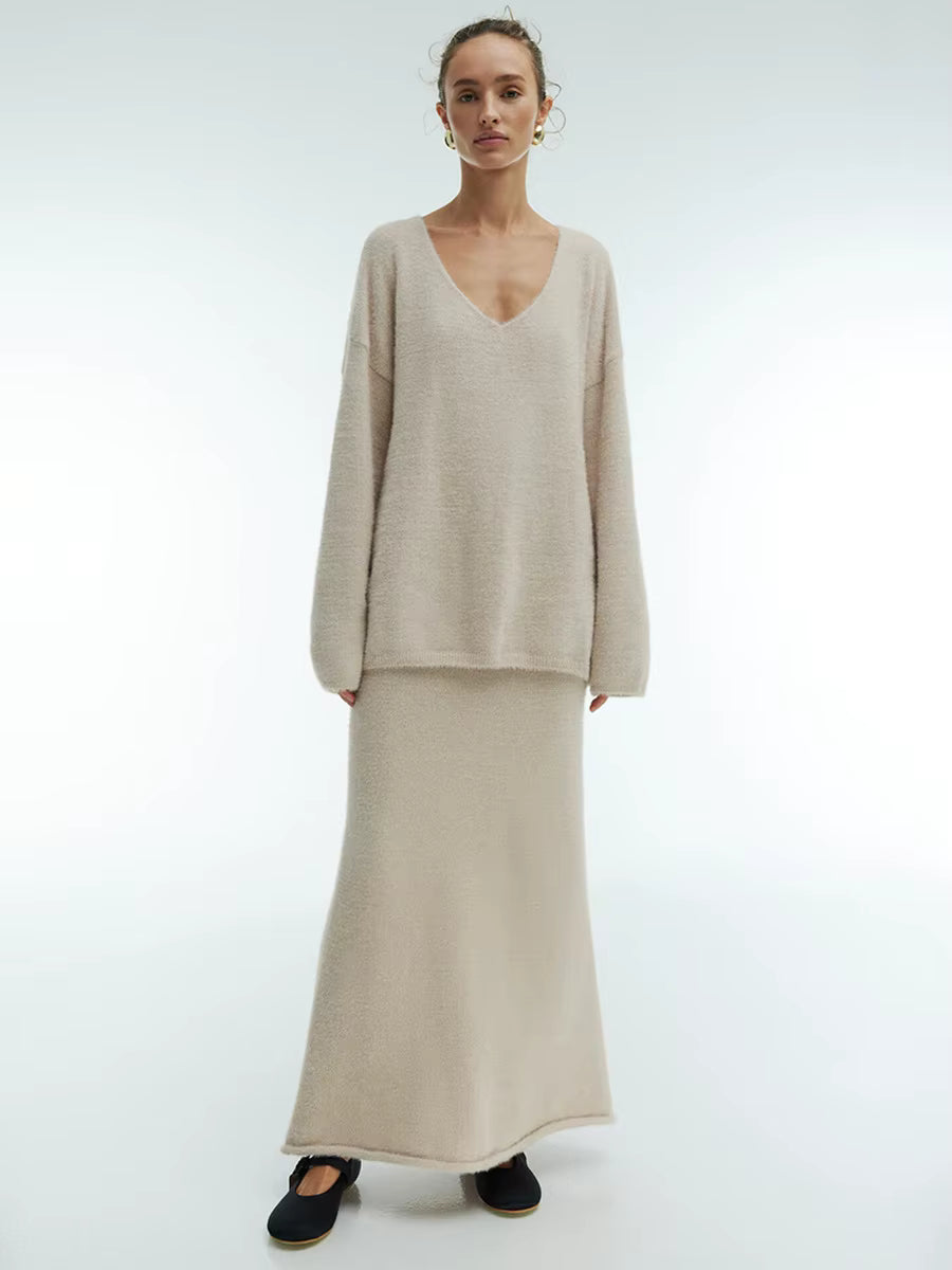 Knitted V-neck Sweater + Skirt Set