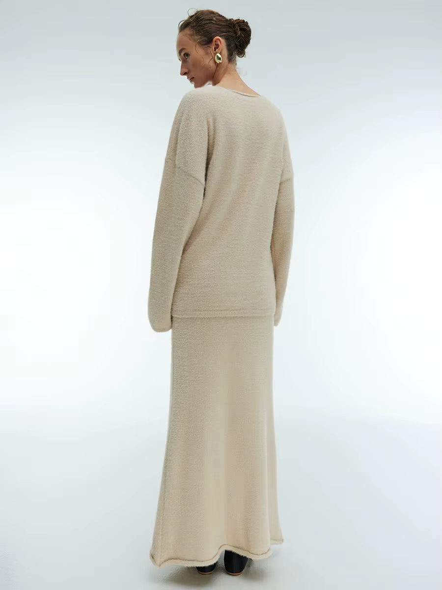 Knitted V-neck Sweater + Skirt Set