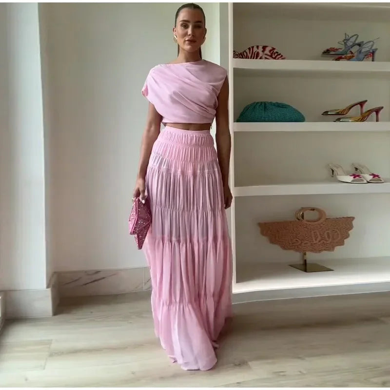 Solid Pleated Crop Top and Skirt