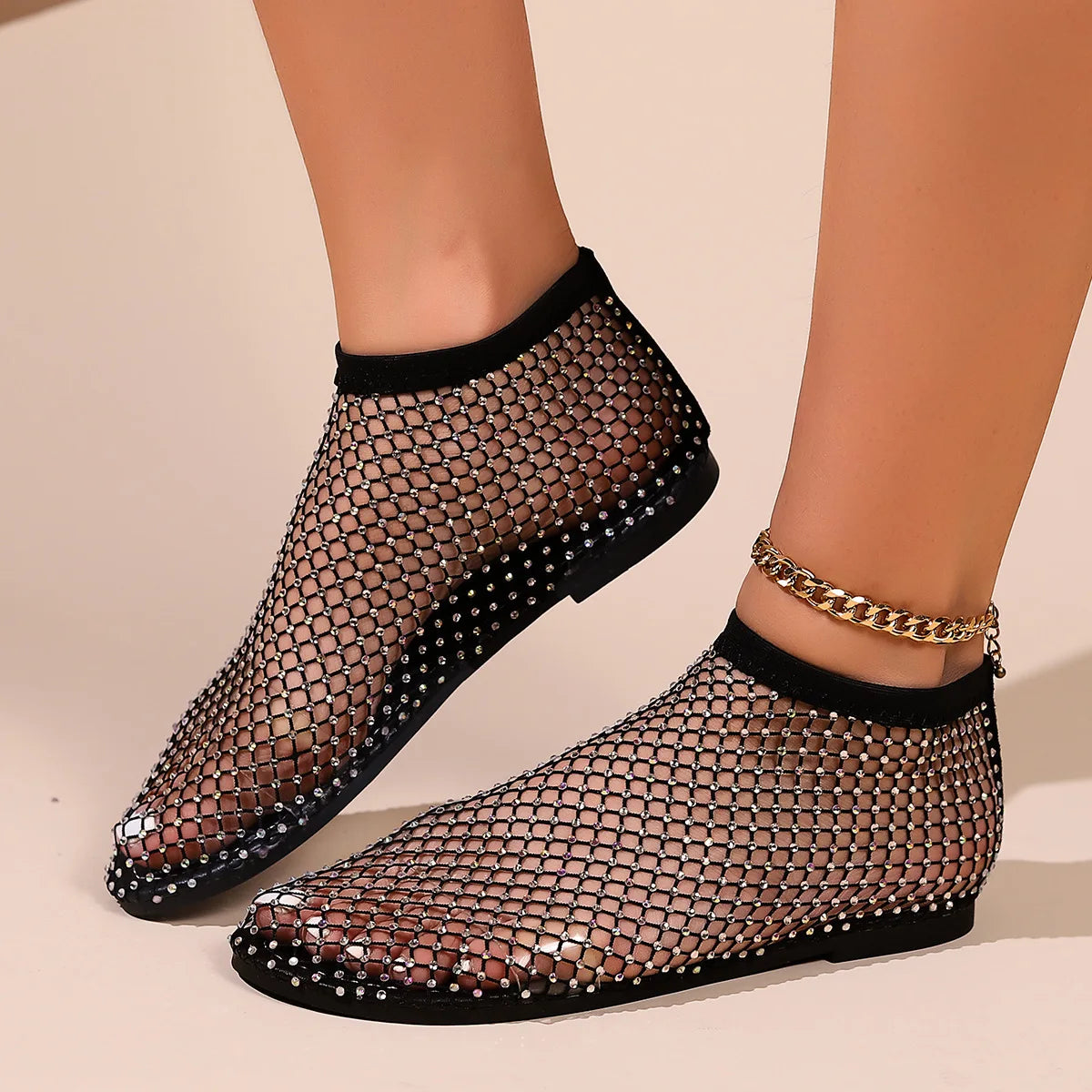 Round Toe Flat Sandals with Crystal Detail