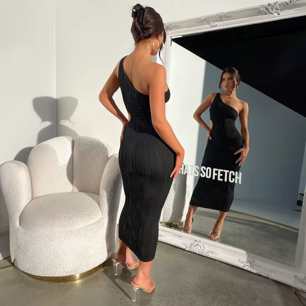 One Shoulder Slant Collar Hollow-Out Dress