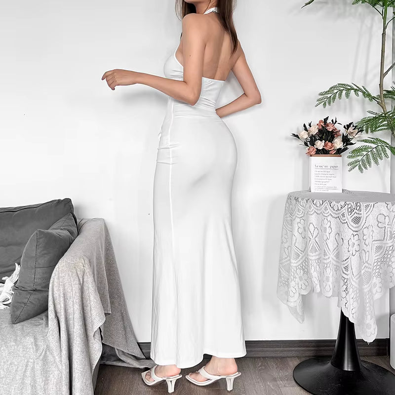 Sleeveless Halter Neck Pleated Backless Dress