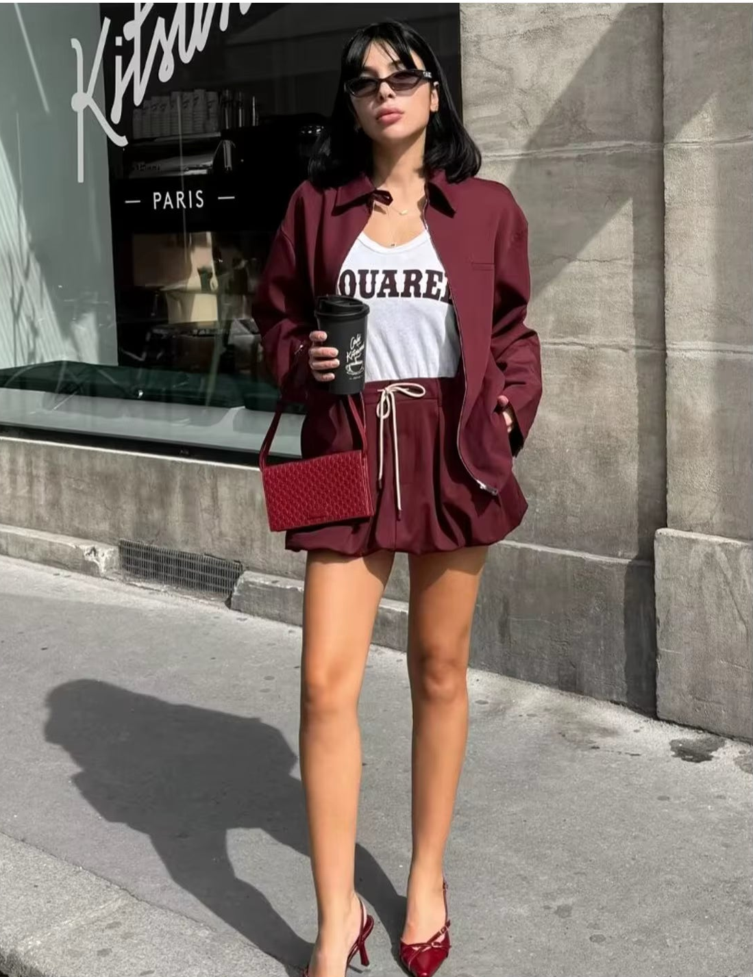 Zipper Pocket Jacket Lantern Mini Skirt Set