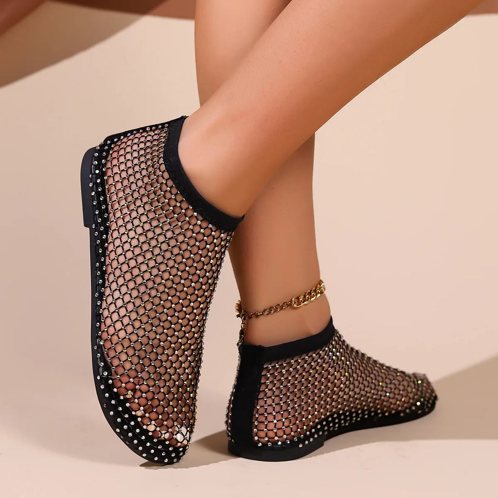 Round Toe Flat Sandals with Crystal Detail