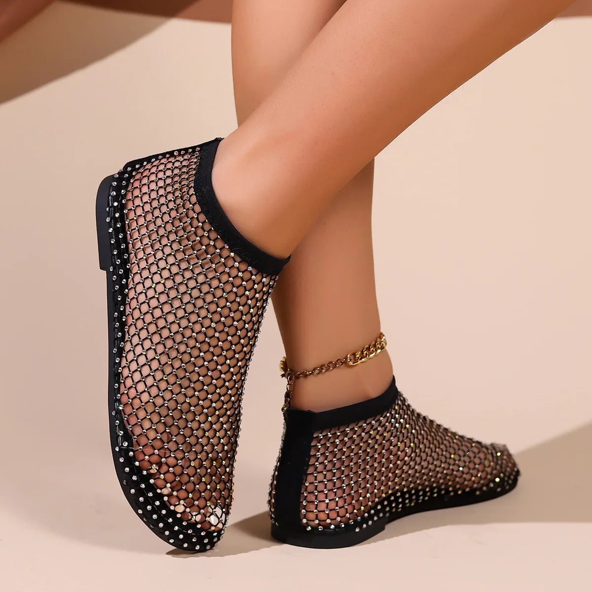 Round Toe Flat Sandals with Crystal Detail