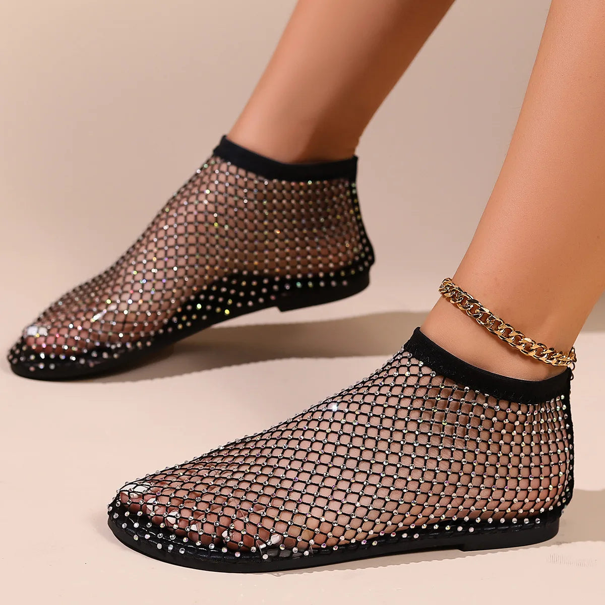 Round Toe Flat Sandals with Crystal Detail