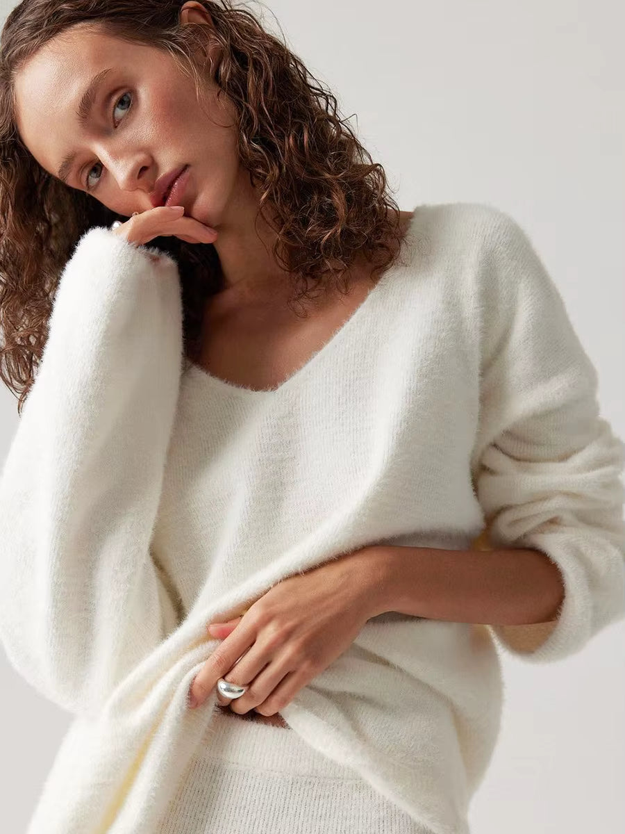 Knitted V-neck Sweater + Skirt Set