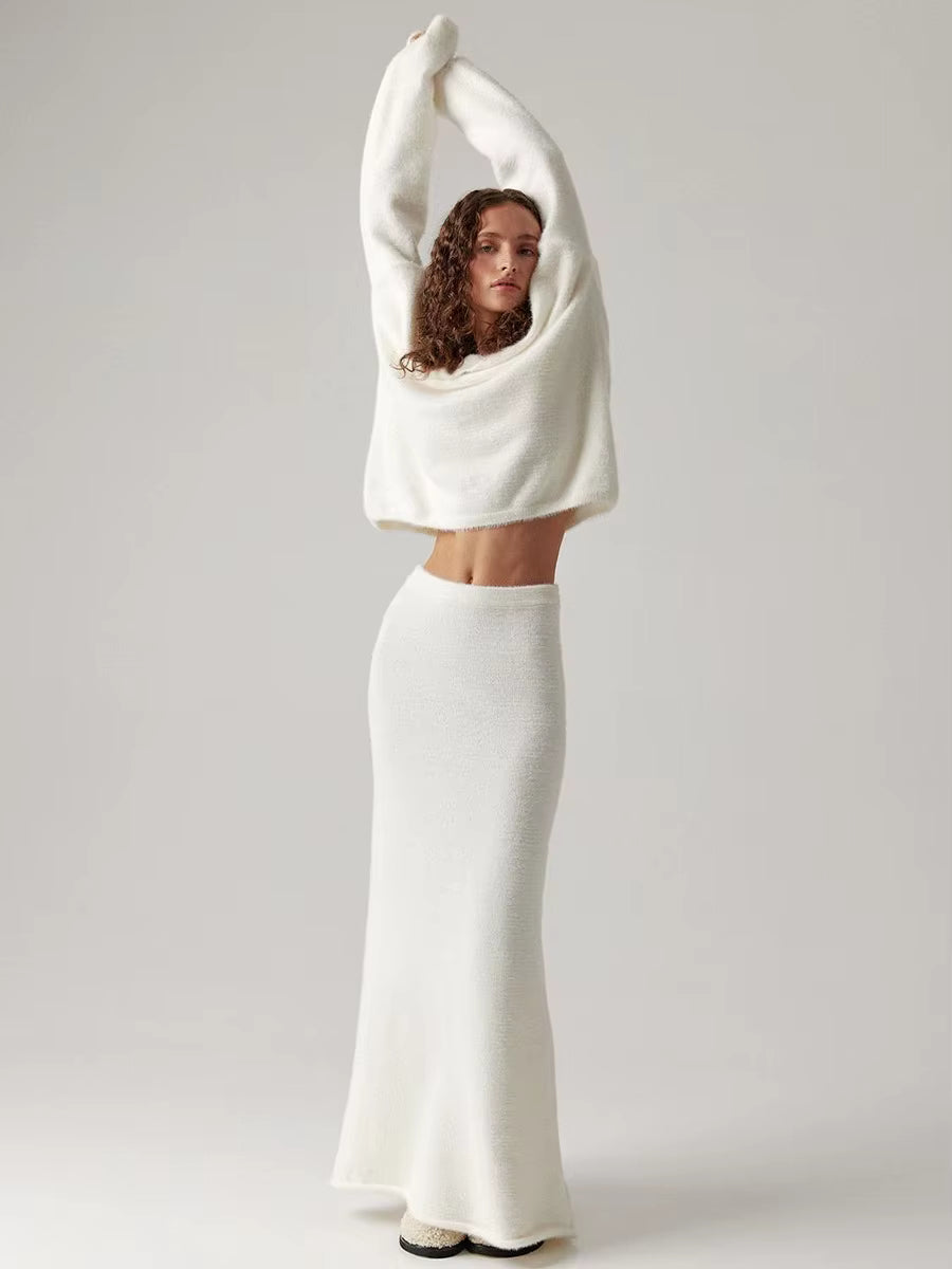 Knitted V-neck Sweater + Skirt Set