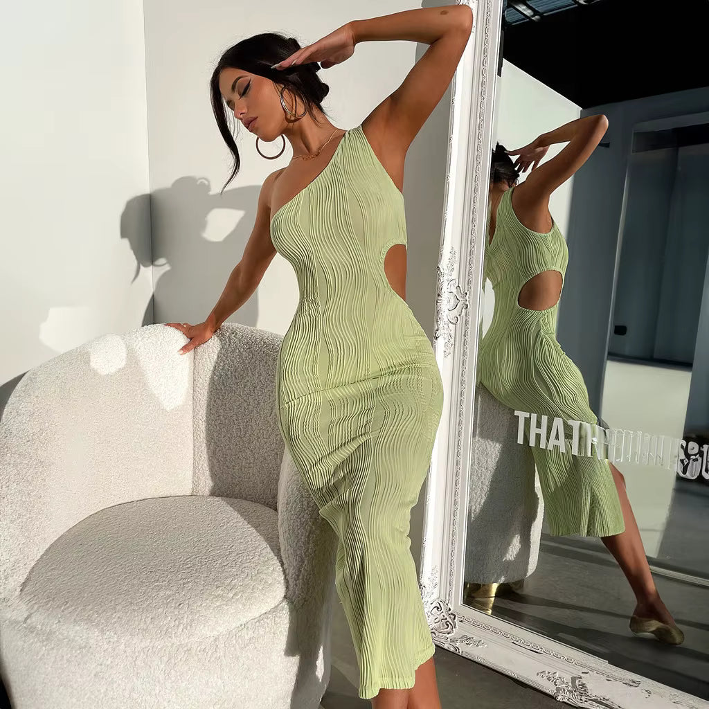 One Shoulder Slant Collar Hollow-Out Dress