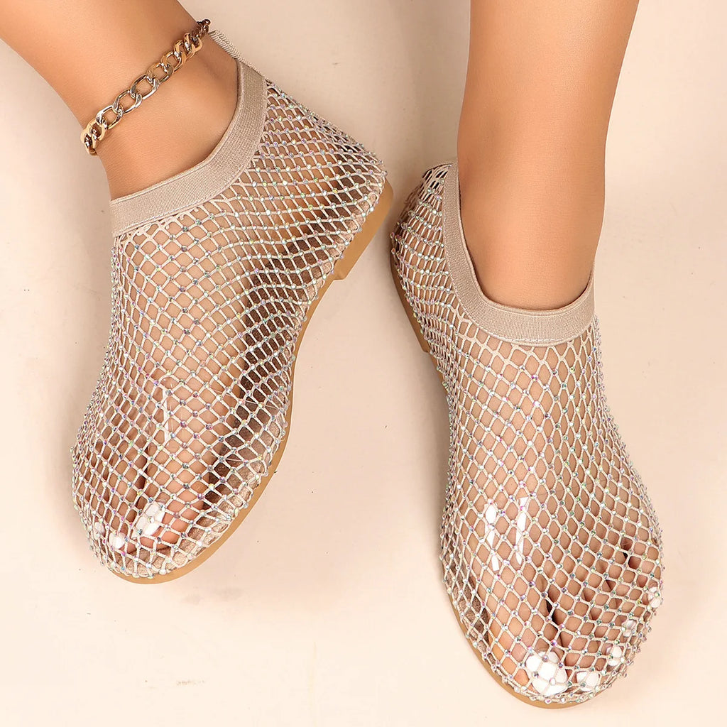 Round Toe Flat Sandals with Crystal Detail