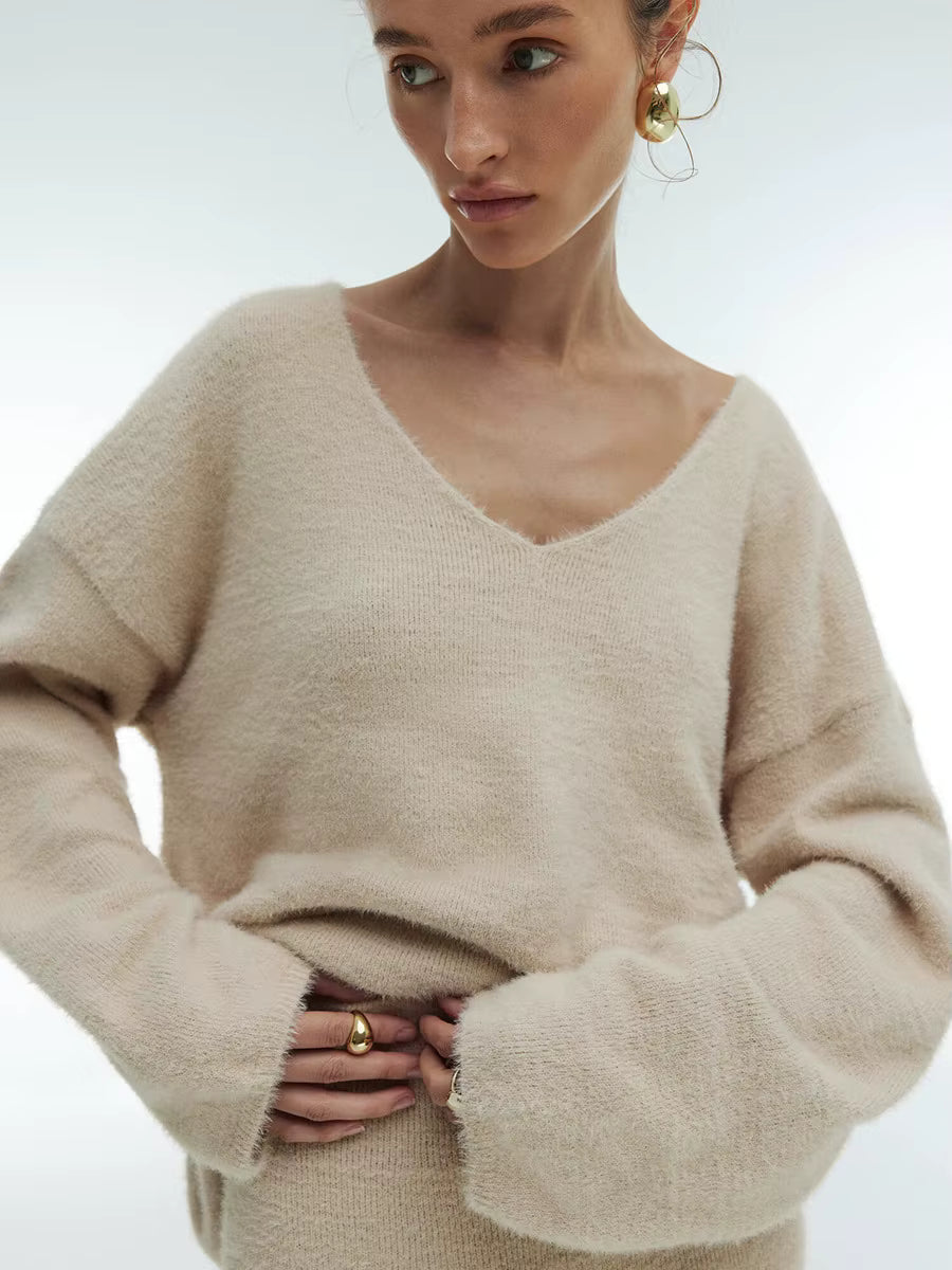Knitted V-neck Sweater + Skirt Set