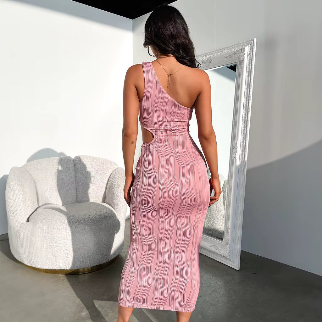 One Shoulder Slant Collar Hollow-Out Dress