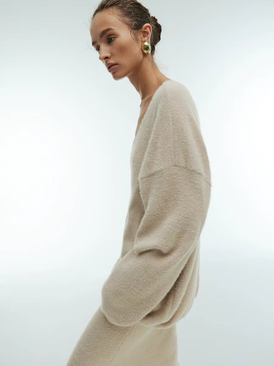 Knitted V-neck Sweater + Skirt Set