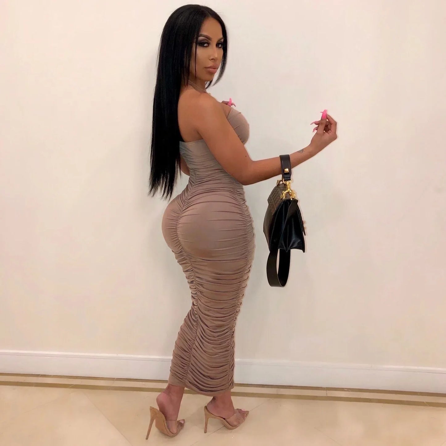 Pleated Henley Halter Dress