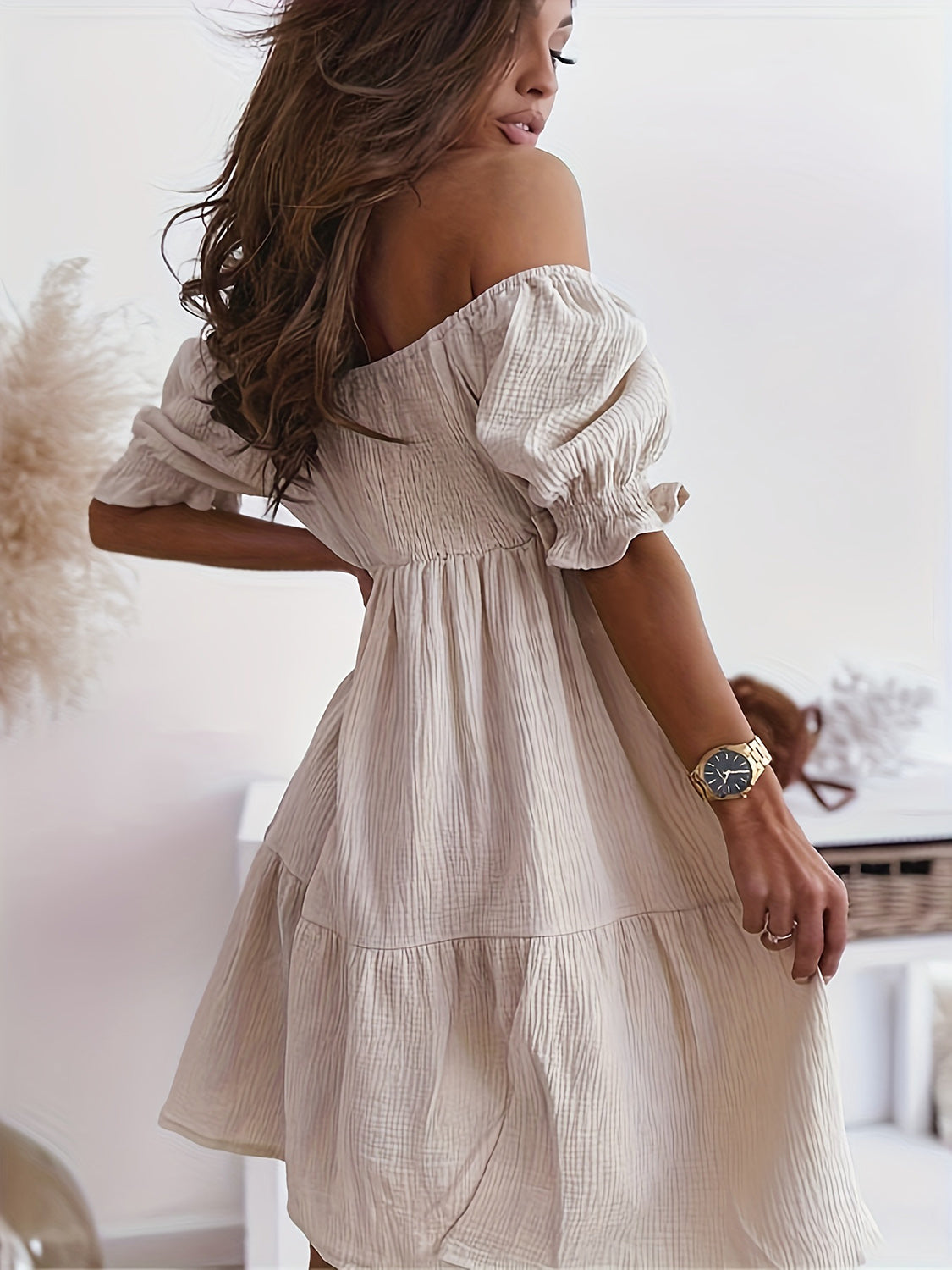 BELLA full size ruffled off-shoulder short sleeve dress with a flattering fit and feminine ruffle details, perfect for warm weather.