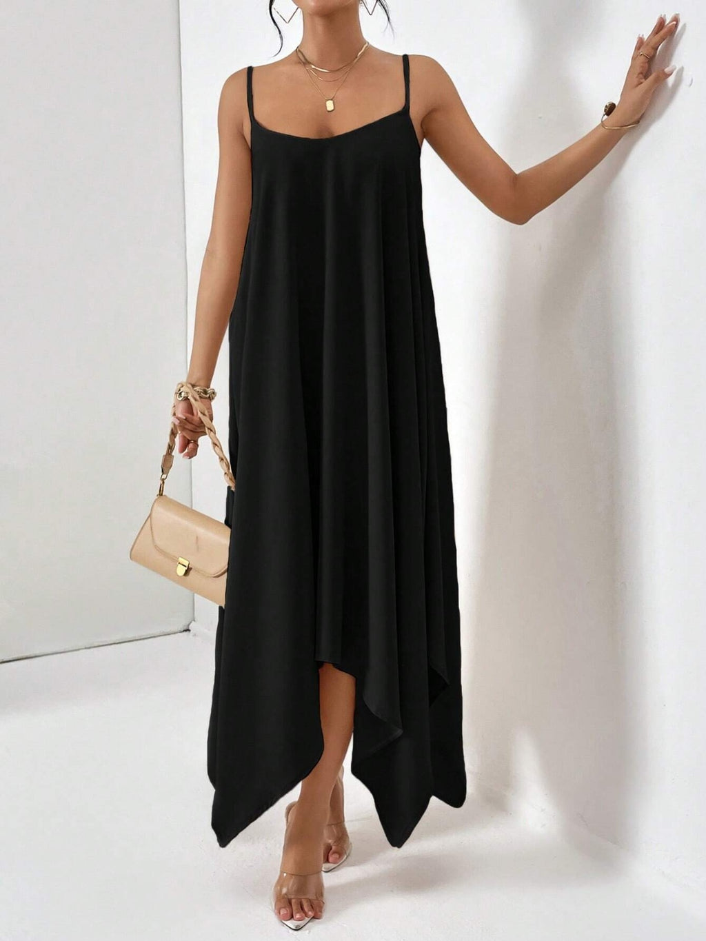BELLA Trendsi scoop neck midi cami dress, lightweight fabric with a fitted silhouette and adjustable straps, in soft neutral color.