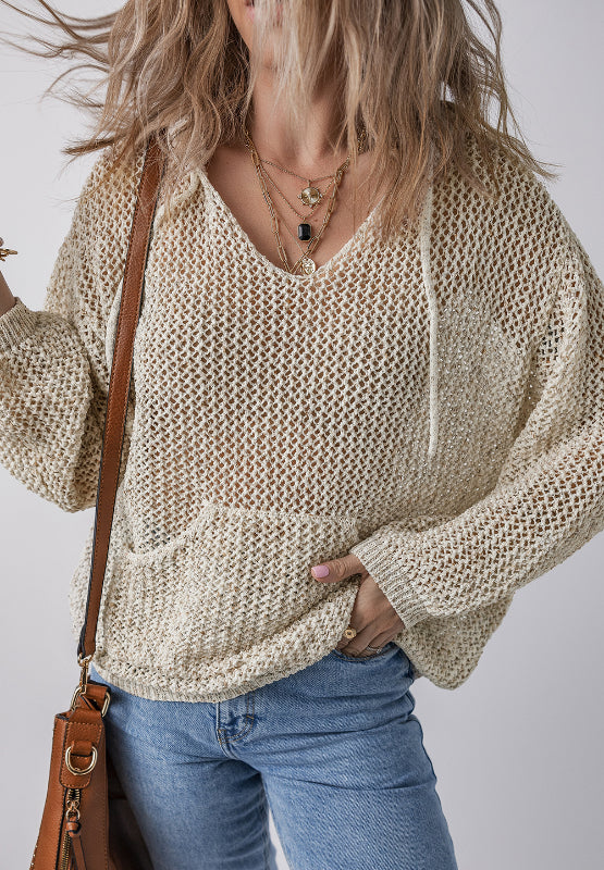 Openwork dropped shoulder hooded knit top by BELLA featuring a stylish openwork design and relaxed fit.
