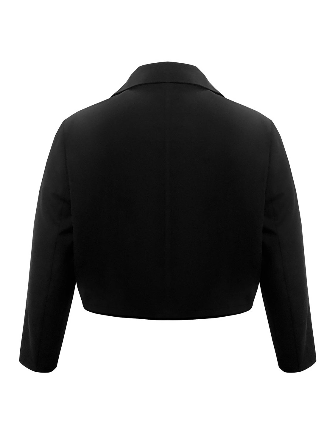 Plus size BELLA buttoned blazer with lapel collar, long sleeves, and tailored fit, shown on model.
