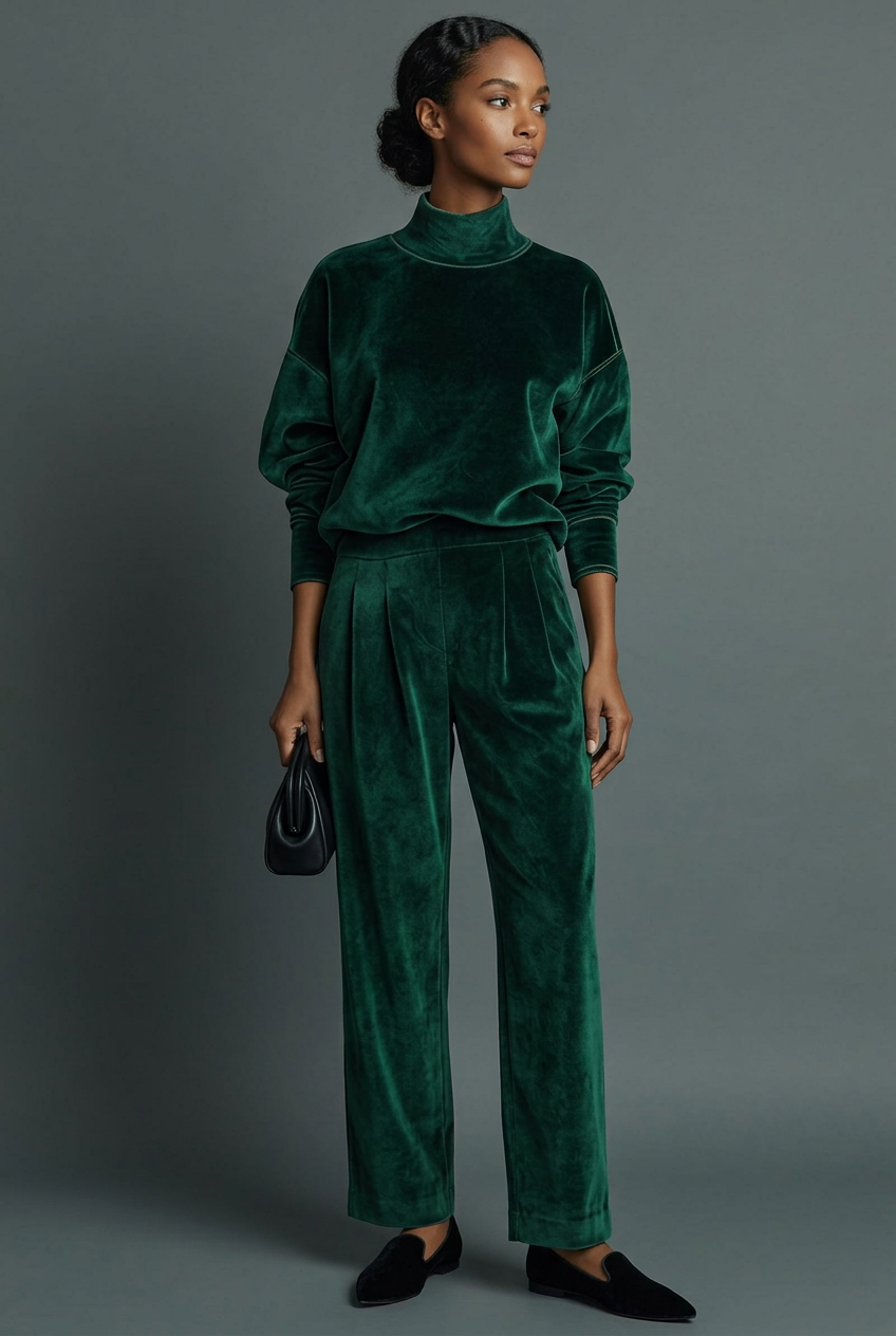 Elegant Velvet Mock Neck Top and Wide-Leg Pants Set
