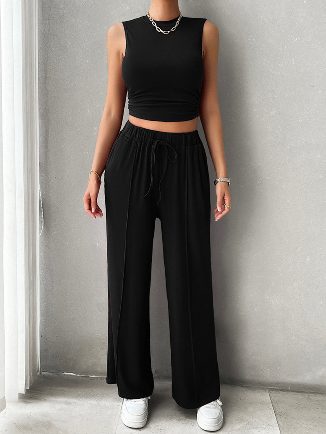 BELLA trendsi sleeveless mock neck top and drawstring pants set in neutral fabric, casual and stylish for everyday wear.