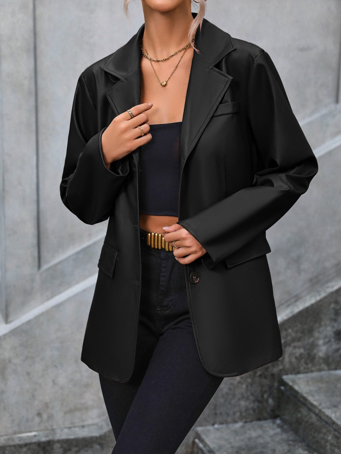 BELLA Ivy Lane pocketed button-up blazer with collared neck, tailored fit, in a trendy style, shown in a sleek, professional design.
