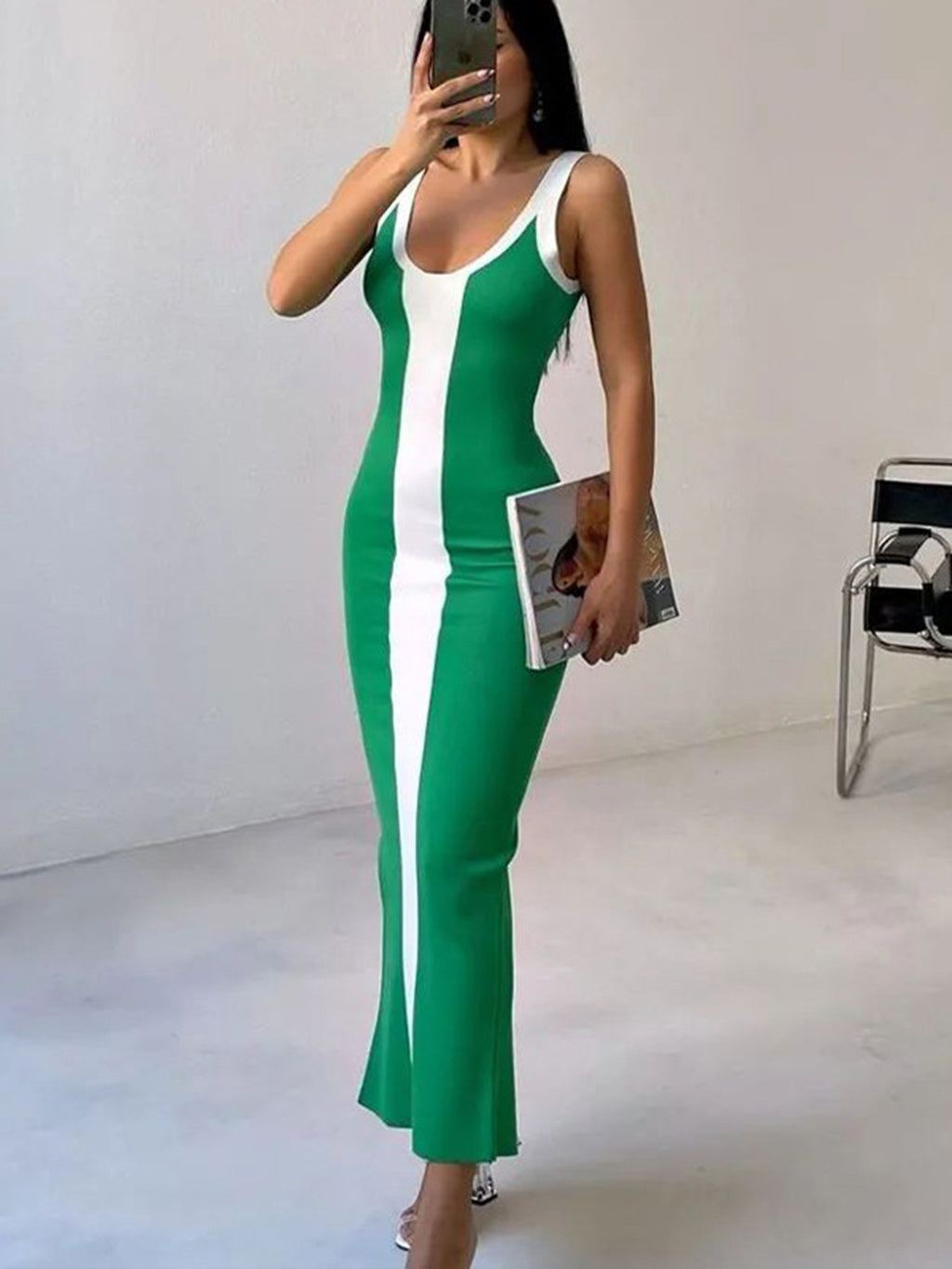 BELLA BLA contrast wide strap slit midi dress from Trendsi, featuring a stylish design with a slit and wide shoulder straps.