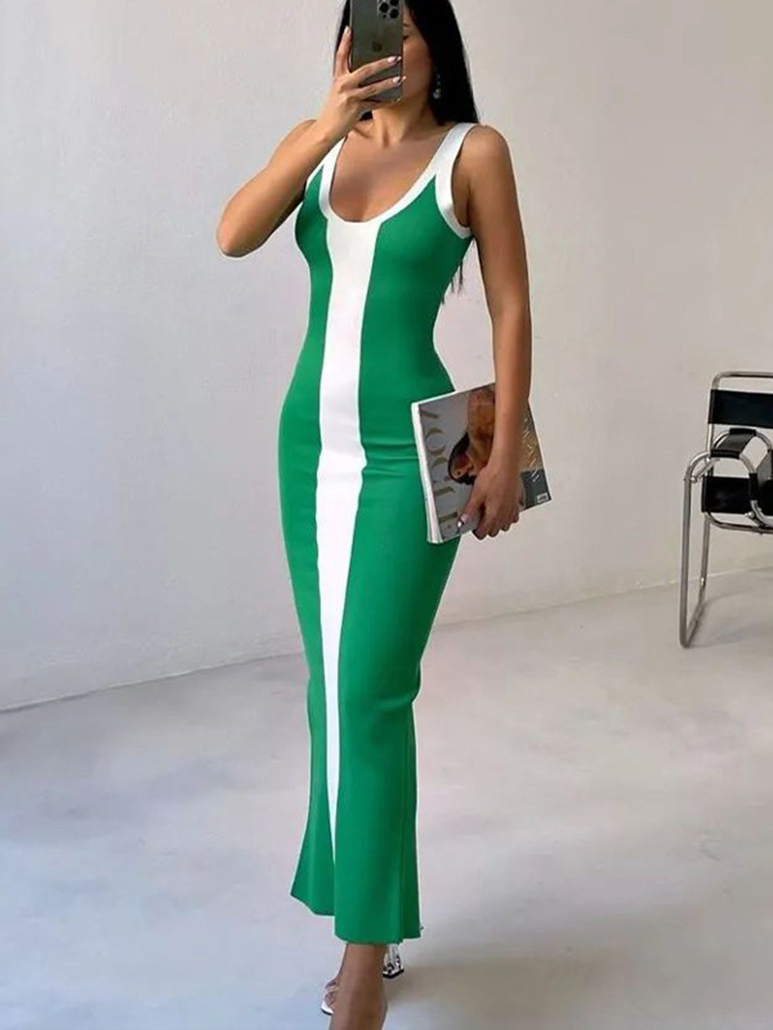 BELLA BLA contrast wide strap slit midi dress from Trendsi, featuring a stylish design with a slit and wide shoulder straps.