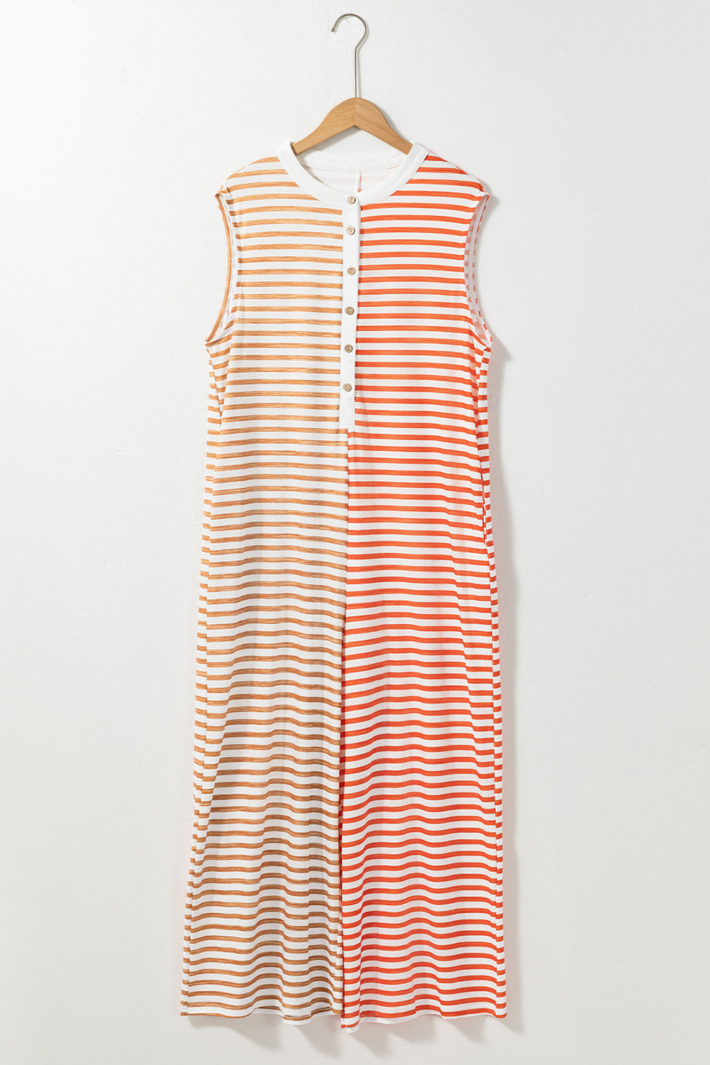 BELLA striped sleeveless round neck jumpsuit with vertical pattern, fitted waist, and wide-leg design, perfect for casual or summer wear.