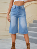 BELLA high waist denim shorts with front and back pockets, casual trendy style, shown on a model.