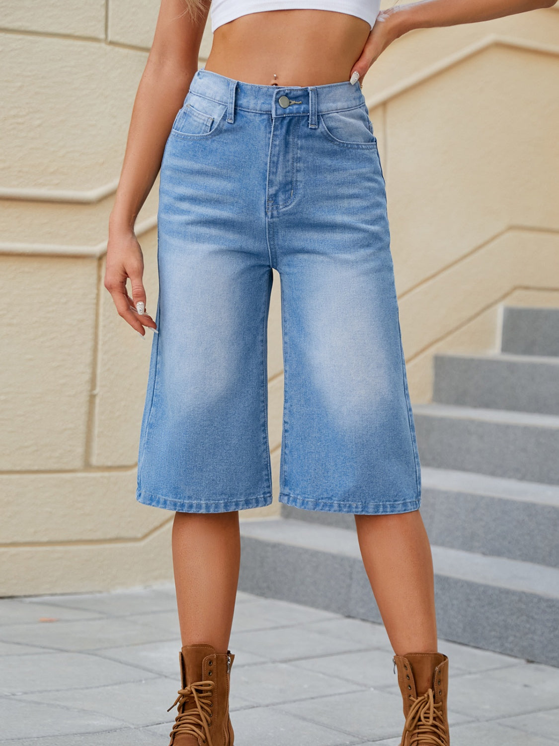 BELLA high waist denim shorts with front and back pockets, casual trendy style, shown on a model.