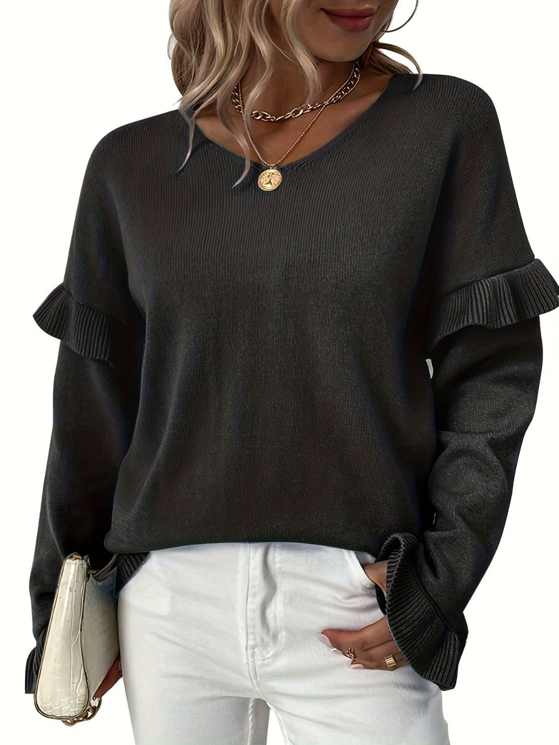 BELLA V-neck ruffle trim long sleeve sweater in soft knit fabric, featuring a stylish V-neck and feminine ruffle details.