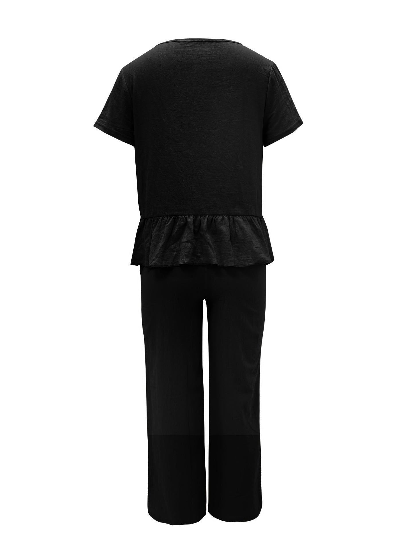 BELLA Trendsi peplum round neck short sleeve top and matching pants set, shown in a stylish, coordinated outfit.