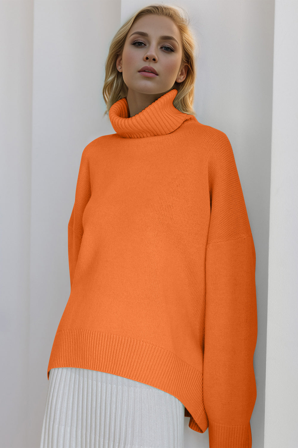 BELLA BLA dropped shoulder turtleneck sweater with long sleeves, featuring a cozy, stylish design and a relaxed fit.