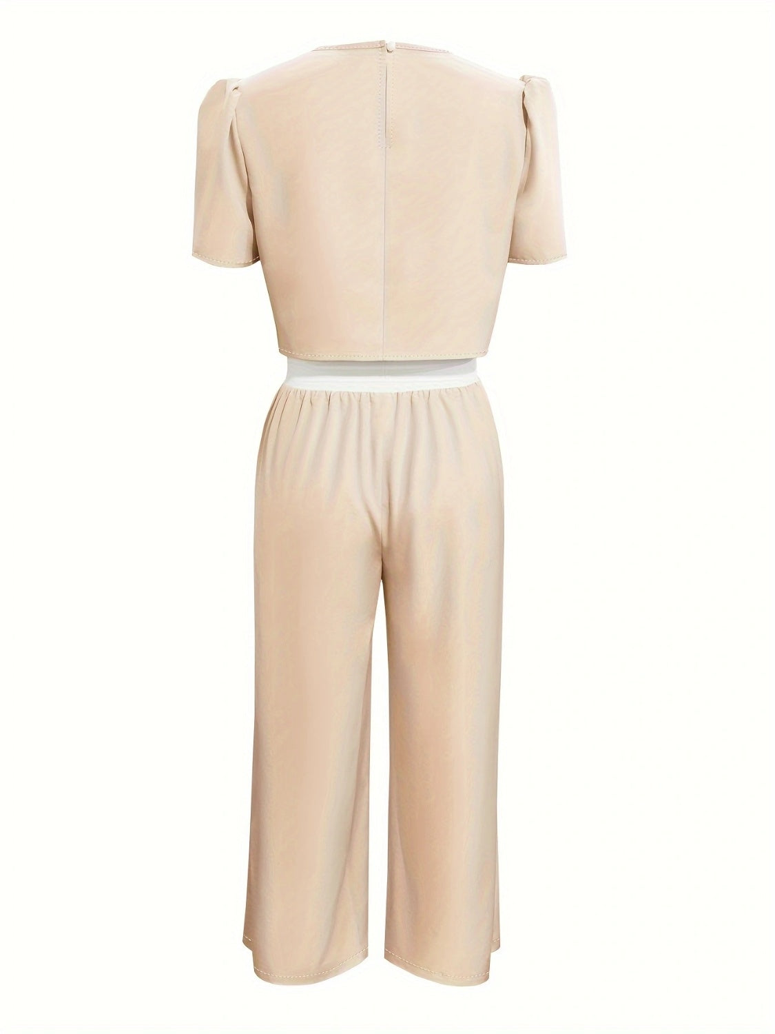 BELLA trendsi round neck short sleeve top and tied pants set, casual stylish outfit in soft fabric, worn together.