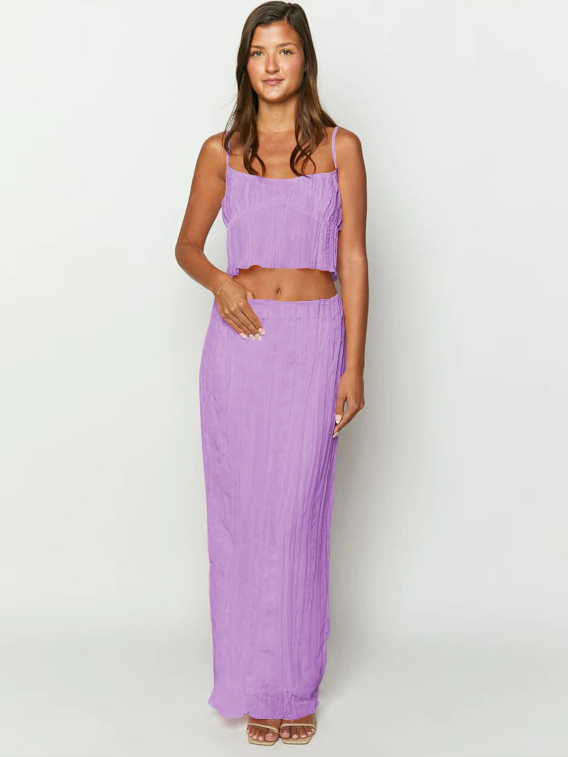 BELLA Trendsi square neck sleeveless top and ruched skirt set displayed on a mannequin, showcasing stylish summer fashion.