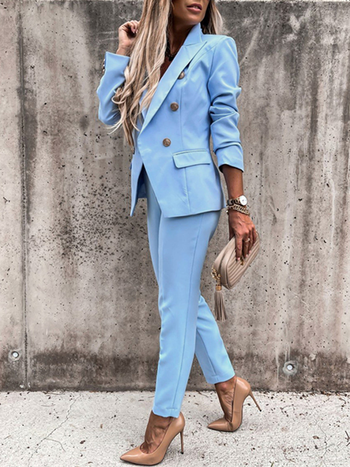 BELLA trendsi lapel collar long sleeve blazer and pants set, stylish tailored suit with classic lapel design and fitted silhouette