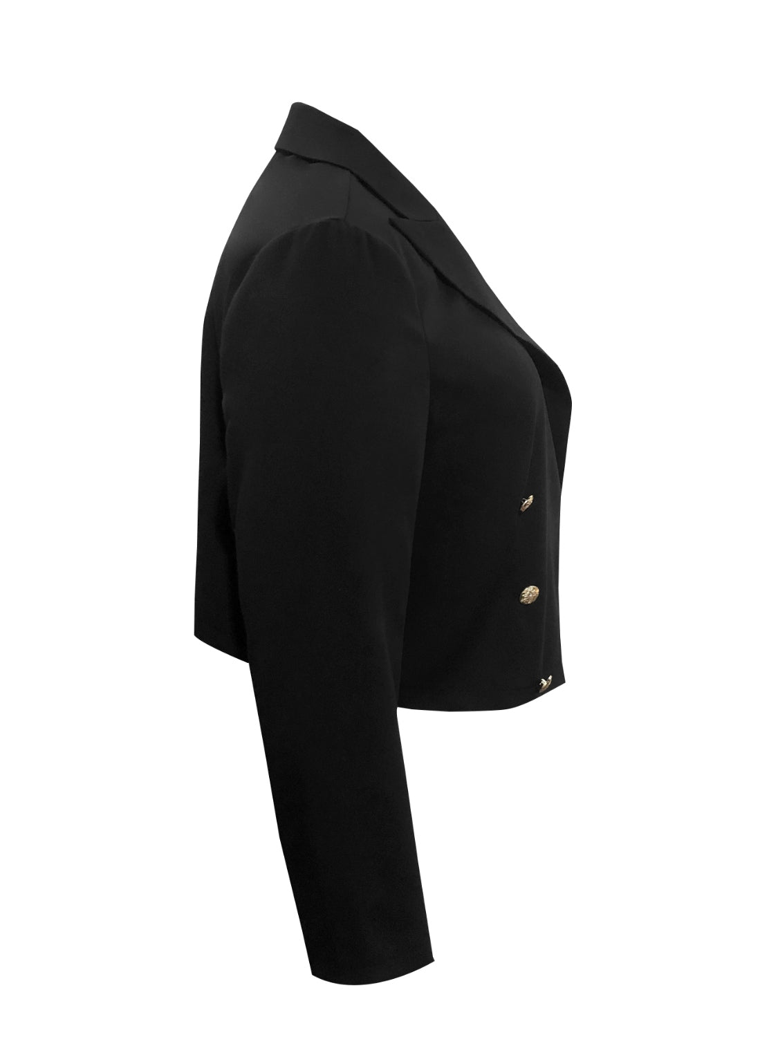 Plus size BELLA blazer with buttoned lapel collar, long sleeves, and tailored fit, shown in a stylish fashion image.