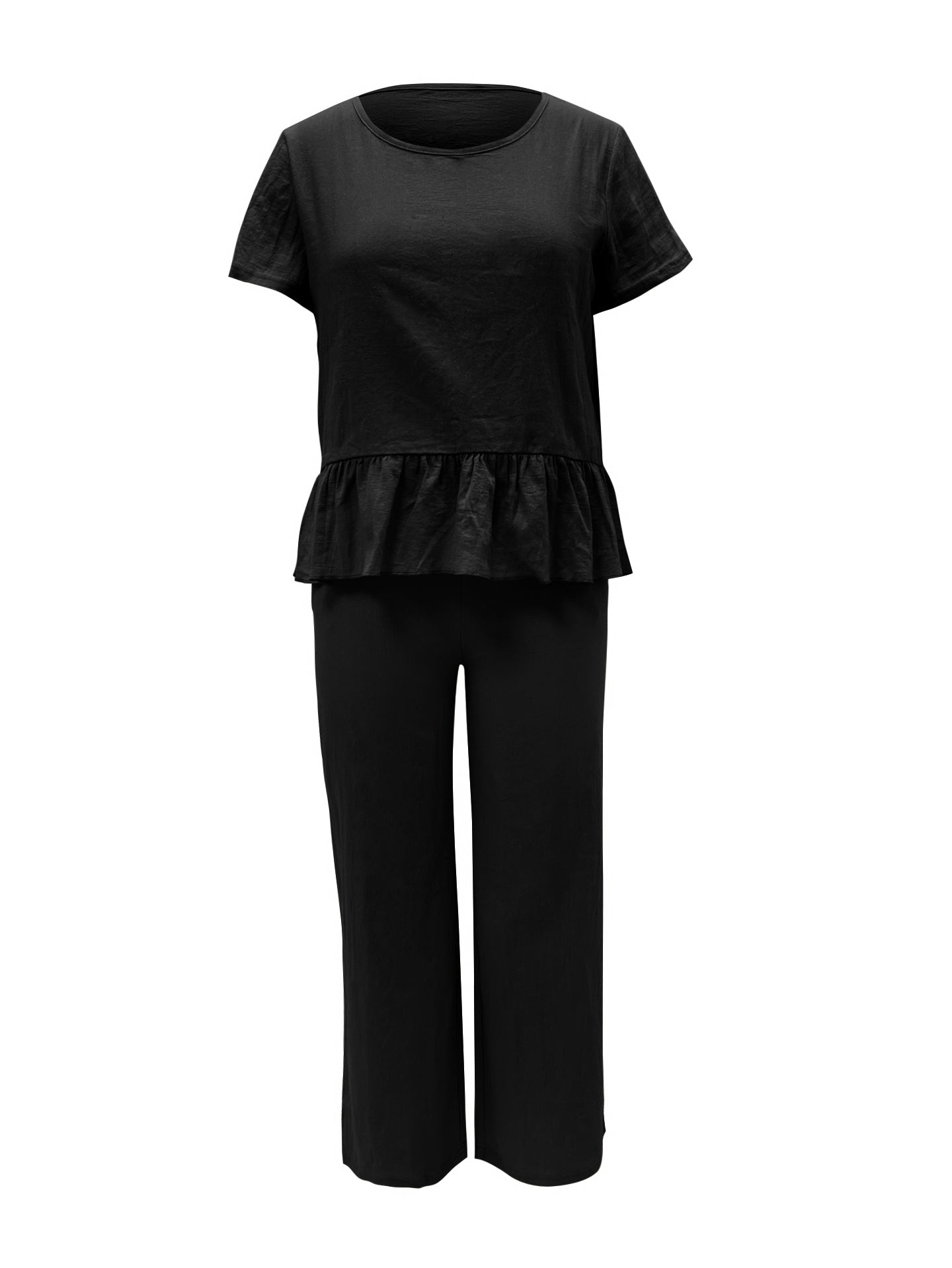 BELLA Trendsi peplum round neck short sleeve top and matching pants set, featuring a stylish, coordinated outfit in soft fabric.