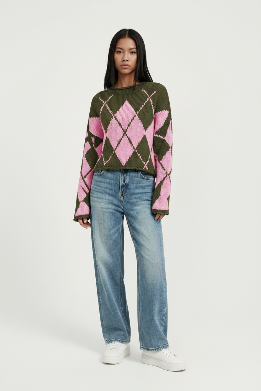 Argyle Pattern Knit Dropped Shoulder Sweater – Full Body