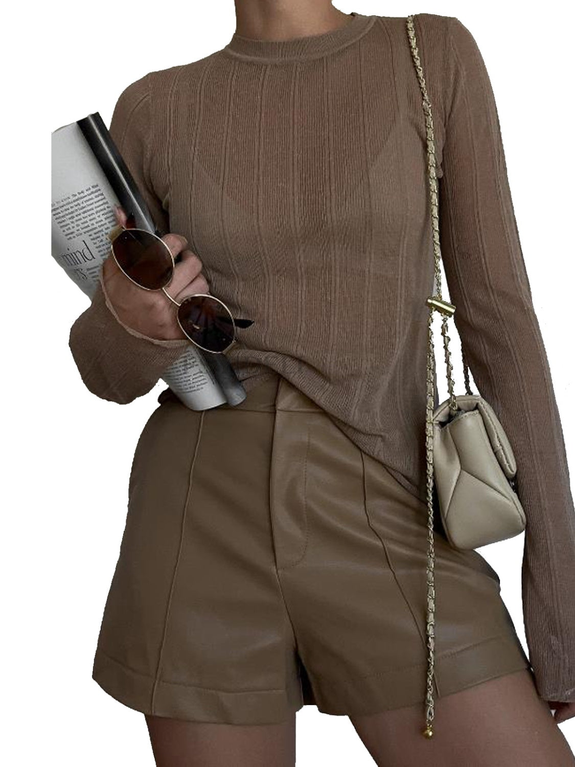 BELLA trendsi round neck long sleeve top in a comfortable, fitted design, shown in a neutral color.