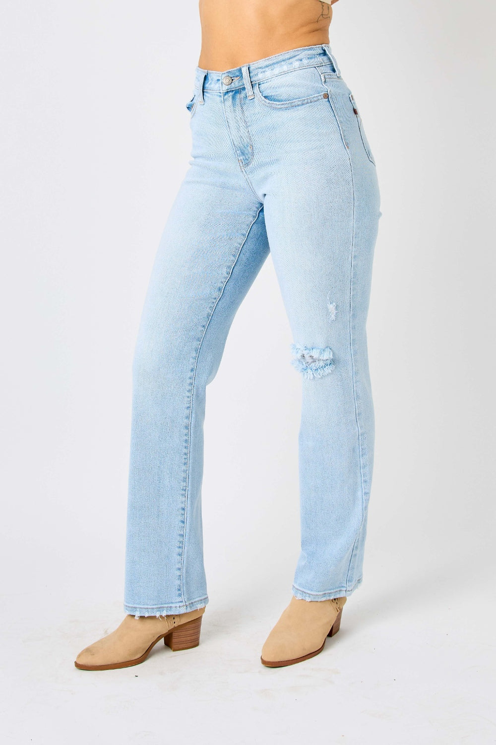BELLA Judy Blue full size high waist distressed straight jeans displayed on a model, showcasing the trendy fit and ripped detailing.