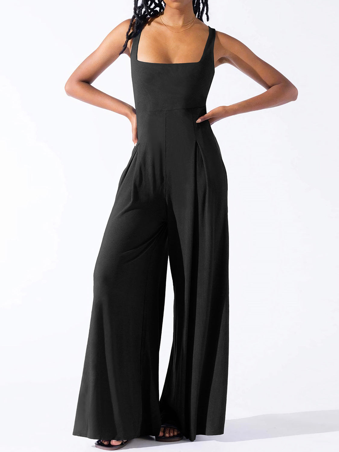 BELLA Trendsi square neck wide strap jumpsuit in black, showcasing the stylish neckline and wide shoulder straps.