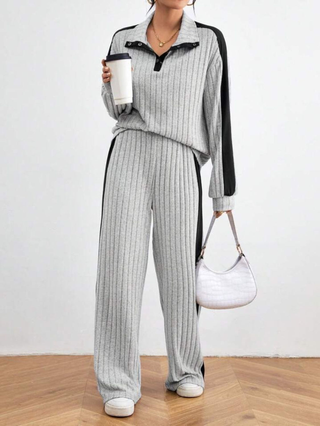 BELLA BLA contrast collared neck long sleeve top and matching pants set, stylish fashion outfit with a modern design.