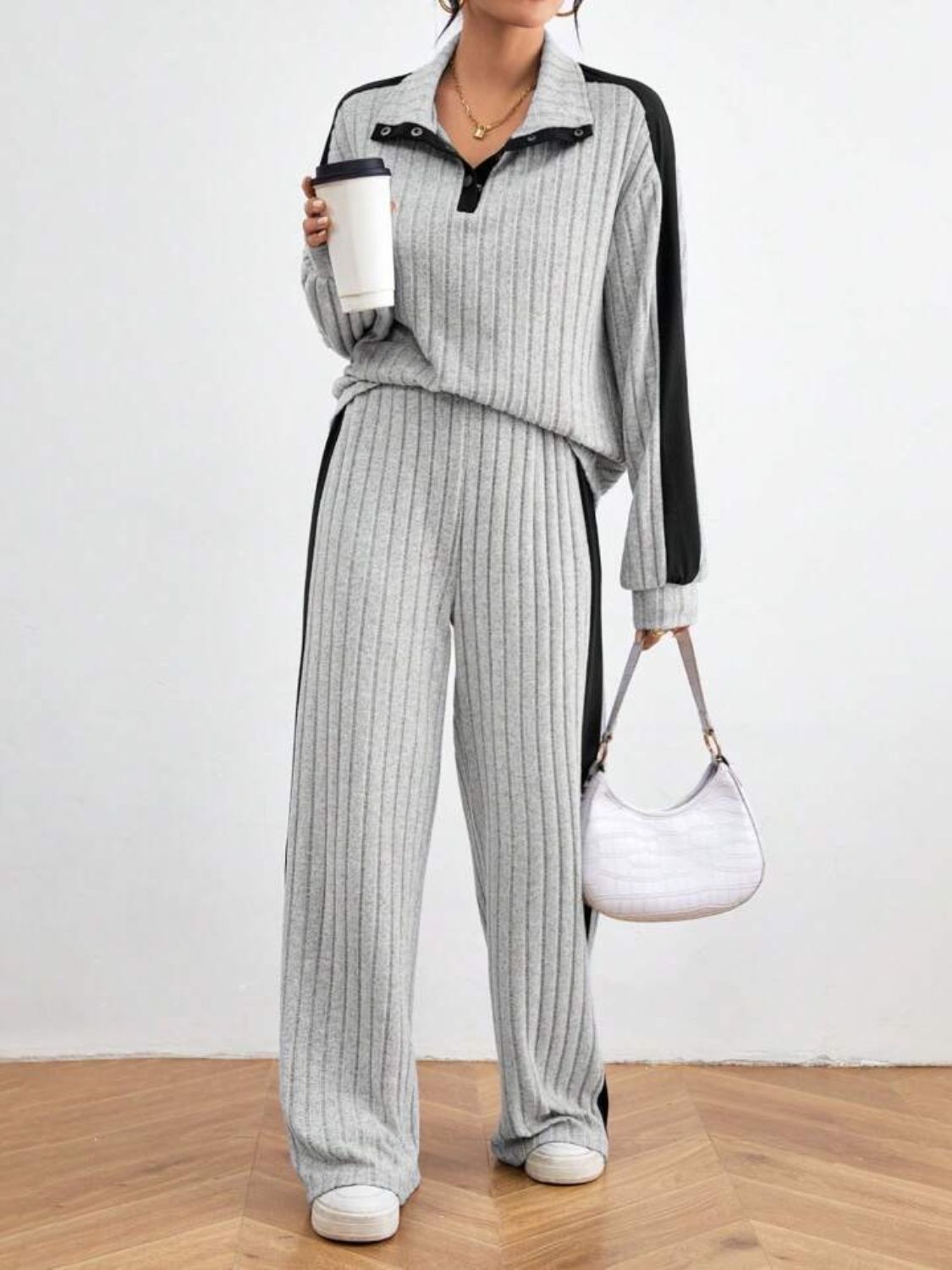 BELLA BLA contrast collared neck long sleeve top and matching pants set, stylish fashion outfit with a modern design.