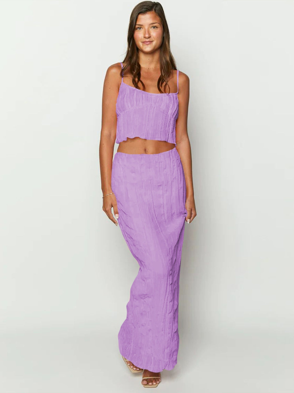 BELLA trendsi square neck sleeveless top and ruched skirt set displayed on a mannequin with neutral background.