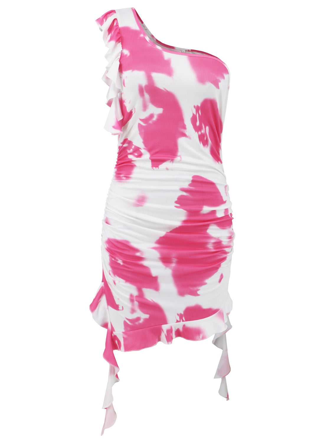 BELLA ruffled tie-dye single shoulder mini dress with asymmetrical ruffle details, vibrant colors, and stylish design.