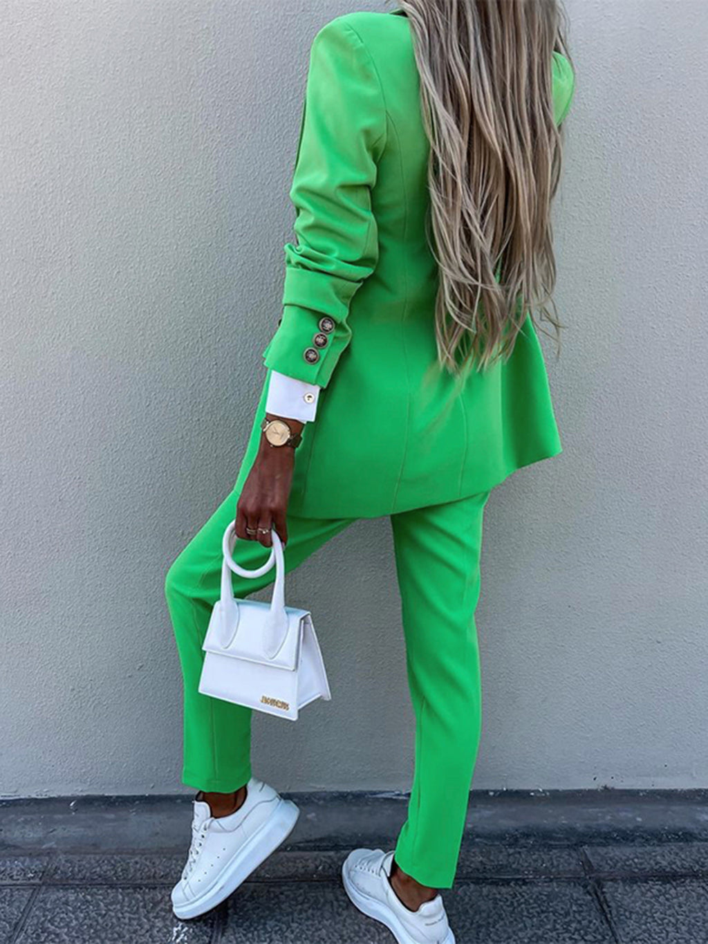 BELLA Trendsi lapel collar blazer and matching long sleeve pants set, tailored fit, in a chic and versatile style.