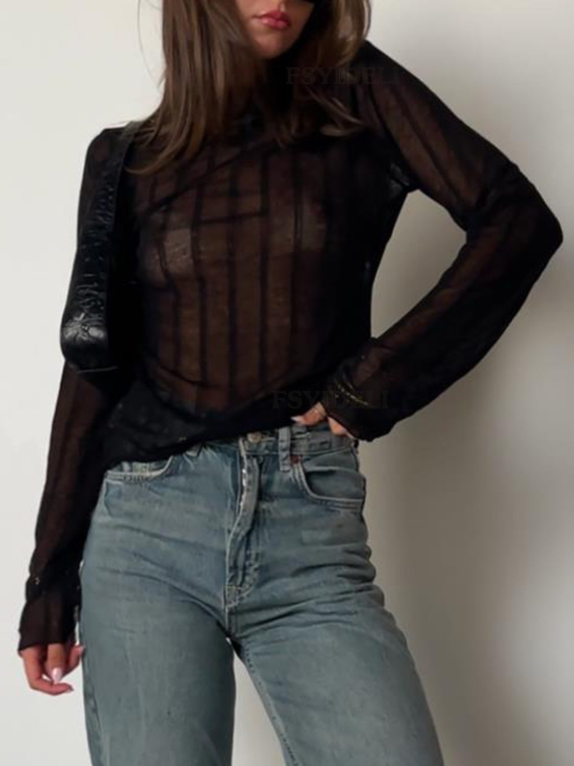 Bella Trendsi round neck long sleeve top in a versatile, soft fabric, shown on a mannequin.